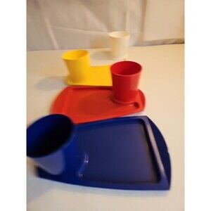 Vintage 8-Piece Fremware Plastic Snack Tray Plate & Cup Set Kids Retro
